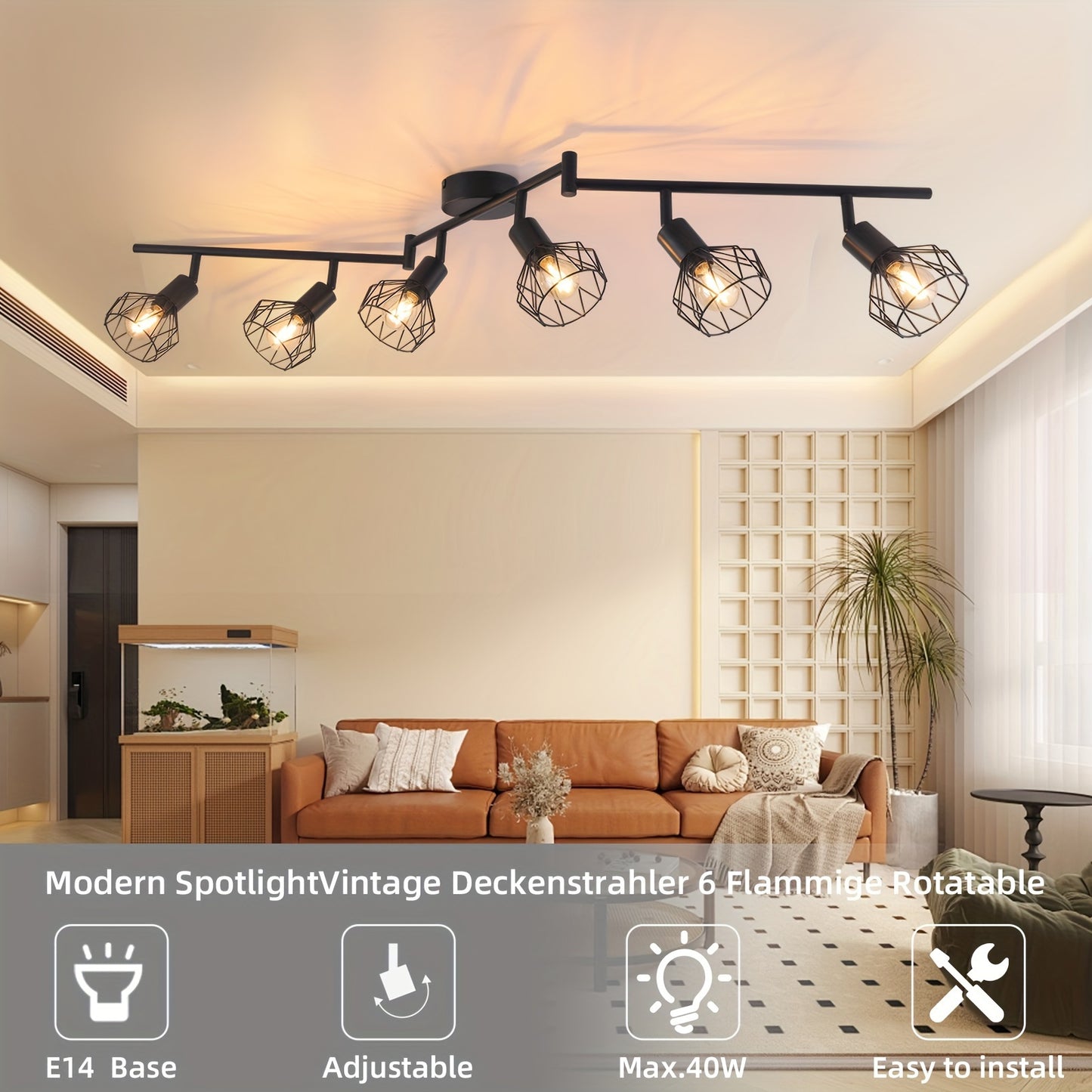 1pc LED Ceiling Spotlight 6 Bulbs, Ceiling Light Spotlight E14 Swiveling, Ceiling Lamp Black 6 Bulbs Ceiling Spot, Retro Lamp Living Room Ceiling Light Kitchen Bedroom Without Bulb