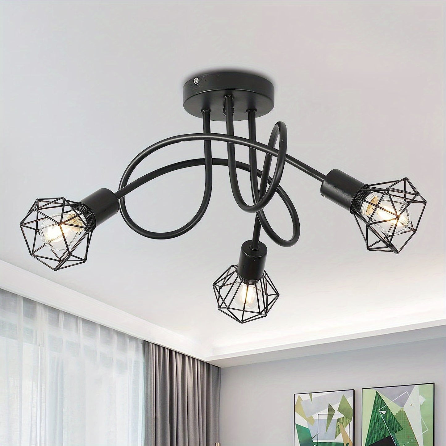 1pc Industrial 3 Way Ceiling Light, Hanging Light, Semi Flush Mount E14 Base, Black Metal Cage 3 Lights, Bedroom, Living Room, Dining Room, Hallway, Ceiling Light Fixture (Bulb Not Included)