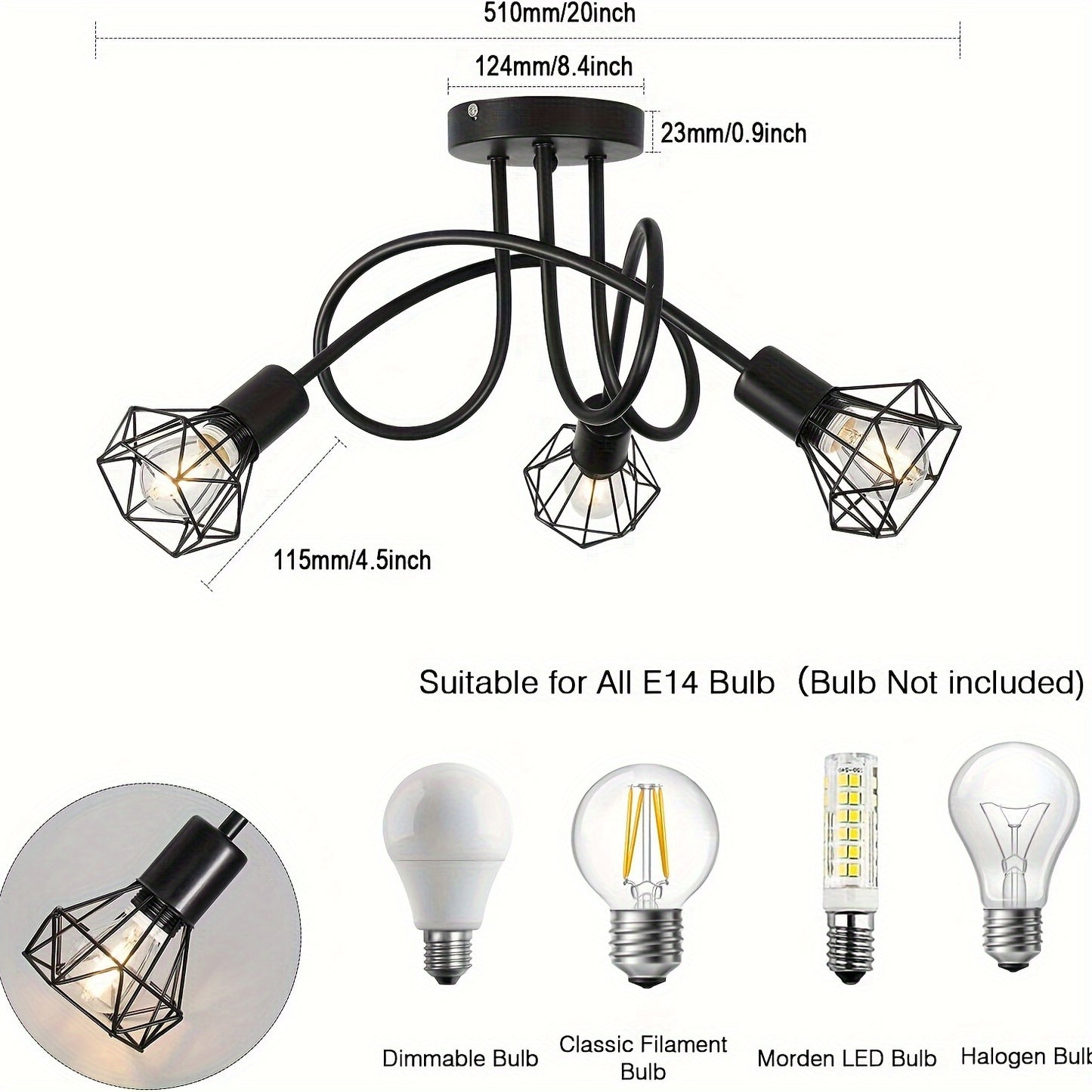 1pc Industrial 3 Way Ceiling Light, Hanging Light, Semi Flush Mount E14 Base, Black Metal Cage 3 Lights, Bedroom, Living Room, Dining Room, Hallway, Ceiling Light Fixture (Bulb Not Included)