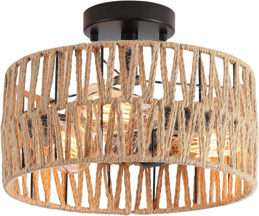 3-Light Coastal Woven Flush Mount Light Fixture