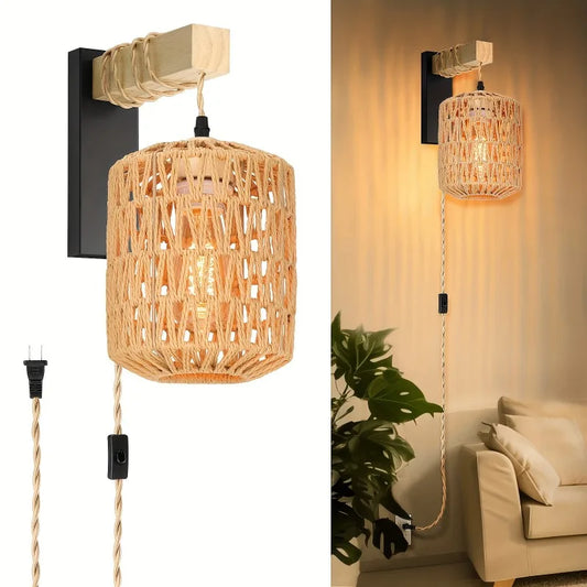 Bohemian Rattan Wall Sconce - Plug-In Metal Light Fixture Apricot Color Easy Install for Bedroom Living Room Decor