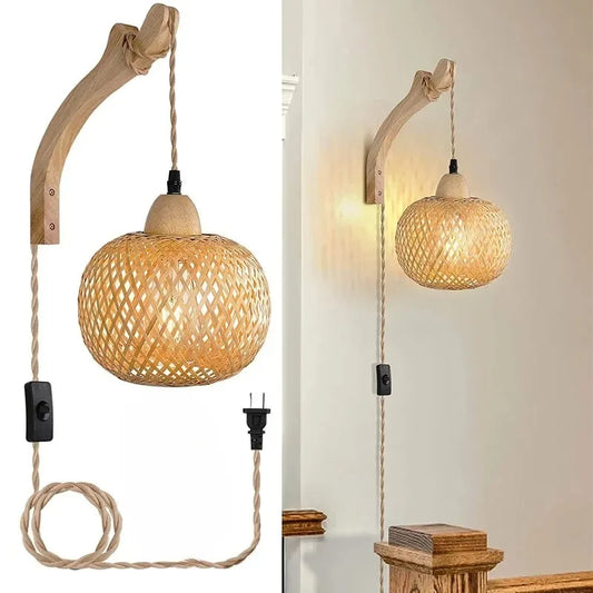 Natural Rattan Bamboo Lantern Wall Lamp E27 Chandeliers Room Decor Lampshades Wall Light Fixtures Home Decoration