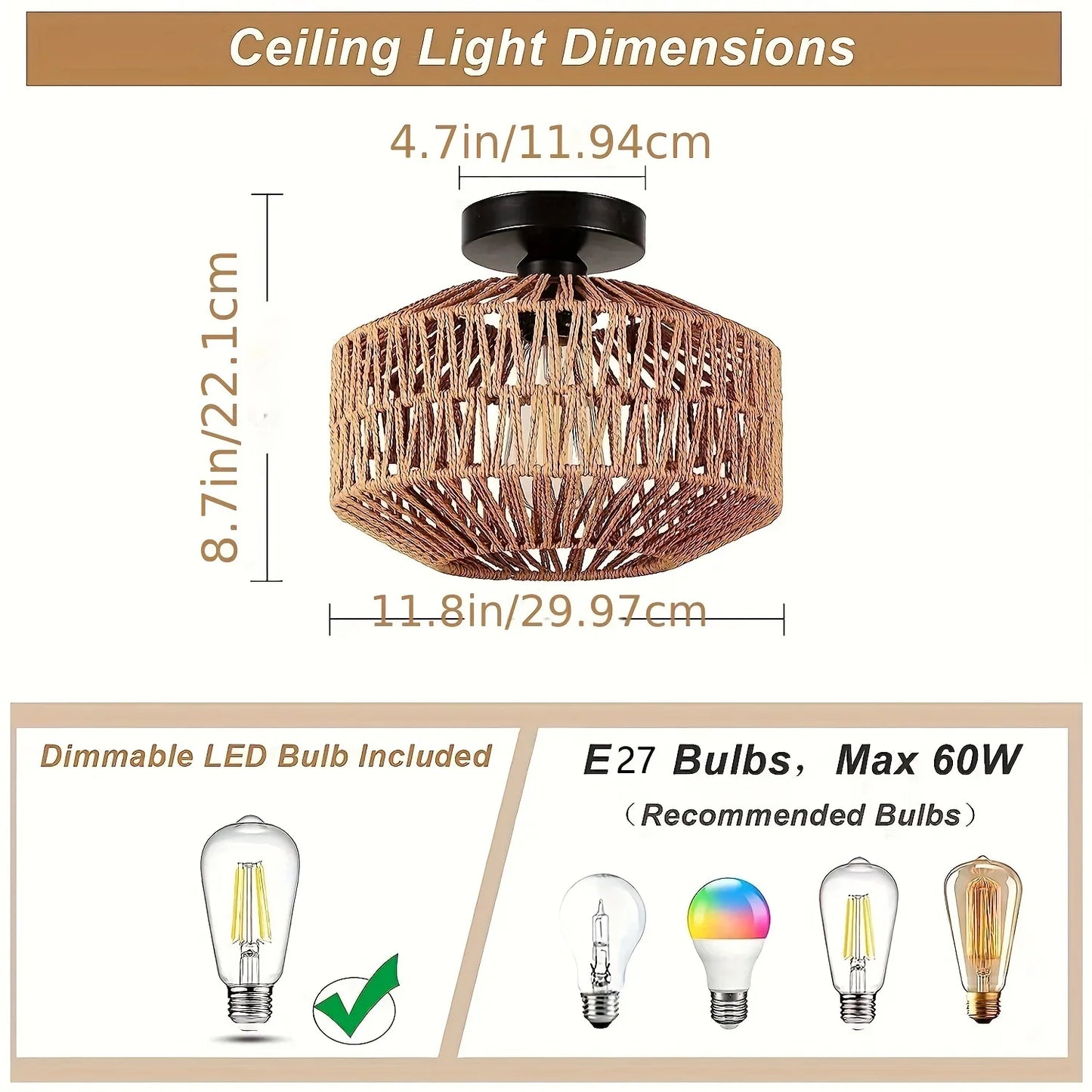 1pc E27 Bohemian Ceiling Light Mini Rattan Chandelier Light Fixture With LED Bulb Hand Woven Ceiling Light Fixture Flush Mount