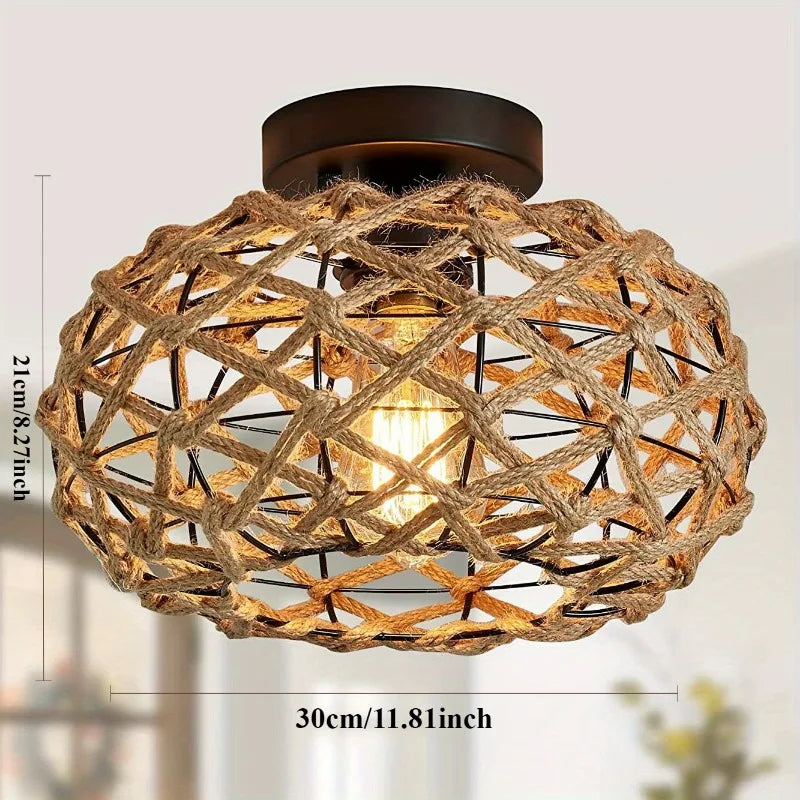 Coastal Boho Ceiling Light - Unique Semi Flush Mount with Handwoven Hemp Rope Cage Rattan Wicker Retro Rustic Design