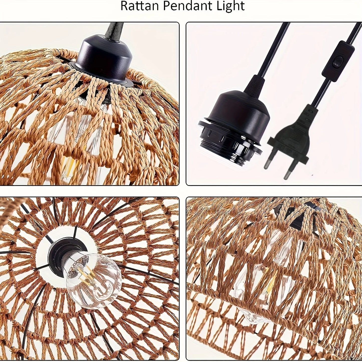 1pc E27 Base Plug-in Chandelier Rattan Pendant Light Pendant Light With Plug Cord Braided Bohemian Ceiling Light Fixture