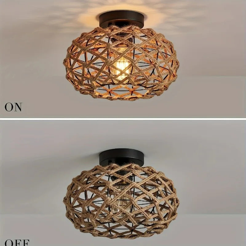 Coastal Boho Ceiling Light - Unique Semi Flush Mount with Handwoven Hemp Rope Cage Rattan Wicker Retro Rustic Design