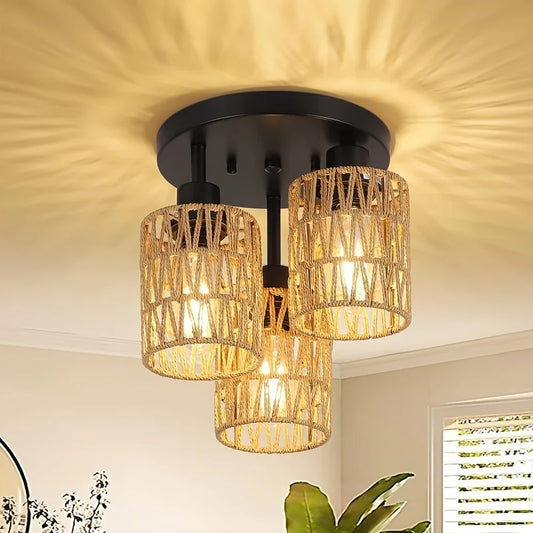 Rattan Ceiling Lamp Pendant 3-Flame Boho Ceiling Lamp with Rattan Shade Vintage Bamboo Rustic Hanging Lamp Living Room