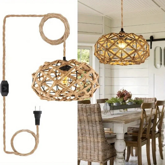 Cord Boho Wicker Rattan Hanging Pendant Light - Dimmable Plug-in Switch-Controlled Easy-Install Stylish Lighting Fixture