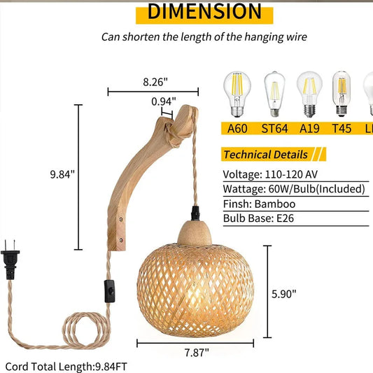 Bamboo Lantern Plug in Wall Sconces Wicker Wall Lamp Cord Hand Woven Rattan Rustic Wall Sconces Boho Sconces Wall Lighting