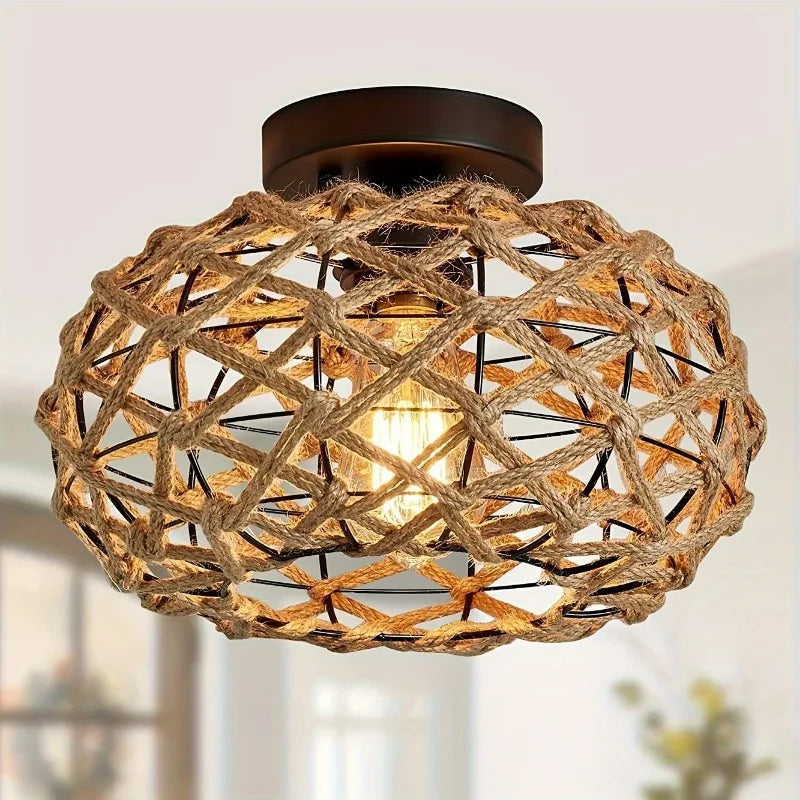 Coastal Boho Ceiling Light - Unique Semi Flush Mount with Handwoven Hemp Rope Cage Rattan Wicker Retro Rustic Design