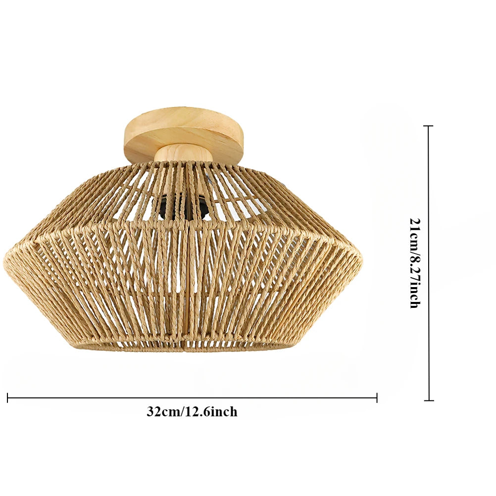 Woven Rattan Ceiling Light Fixtures Boho Semi Flush Mount Ceiling Light Hand-Woven Cage Natural Mini Chandelier Retro Light Fixt