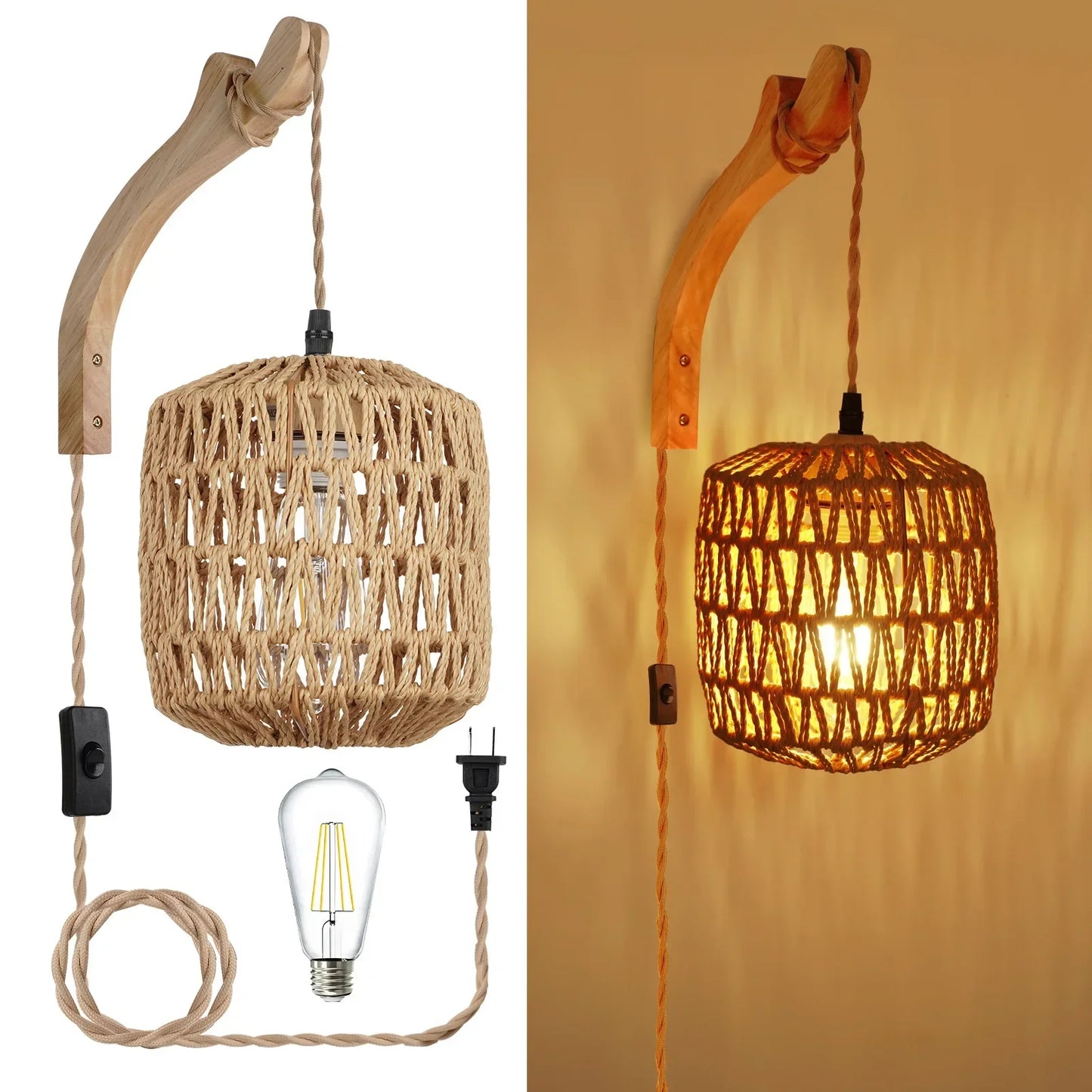 Led Rattan Wall Lamp Bedroom Living Room Woven Light Bedside Lamps E27 Retro Hemp Rope Lights Interior Decoration Fixtures