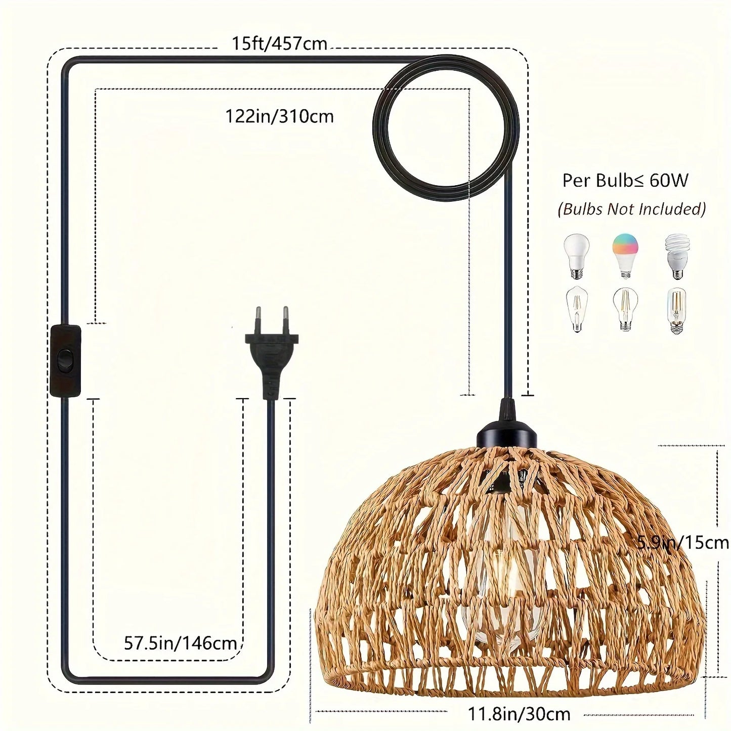 1pc E27 Base Plug-in Chandelier Rattan Pendant Light Pendant Light With Plug Cord Braided Bohemian Ceiling Light Fixture