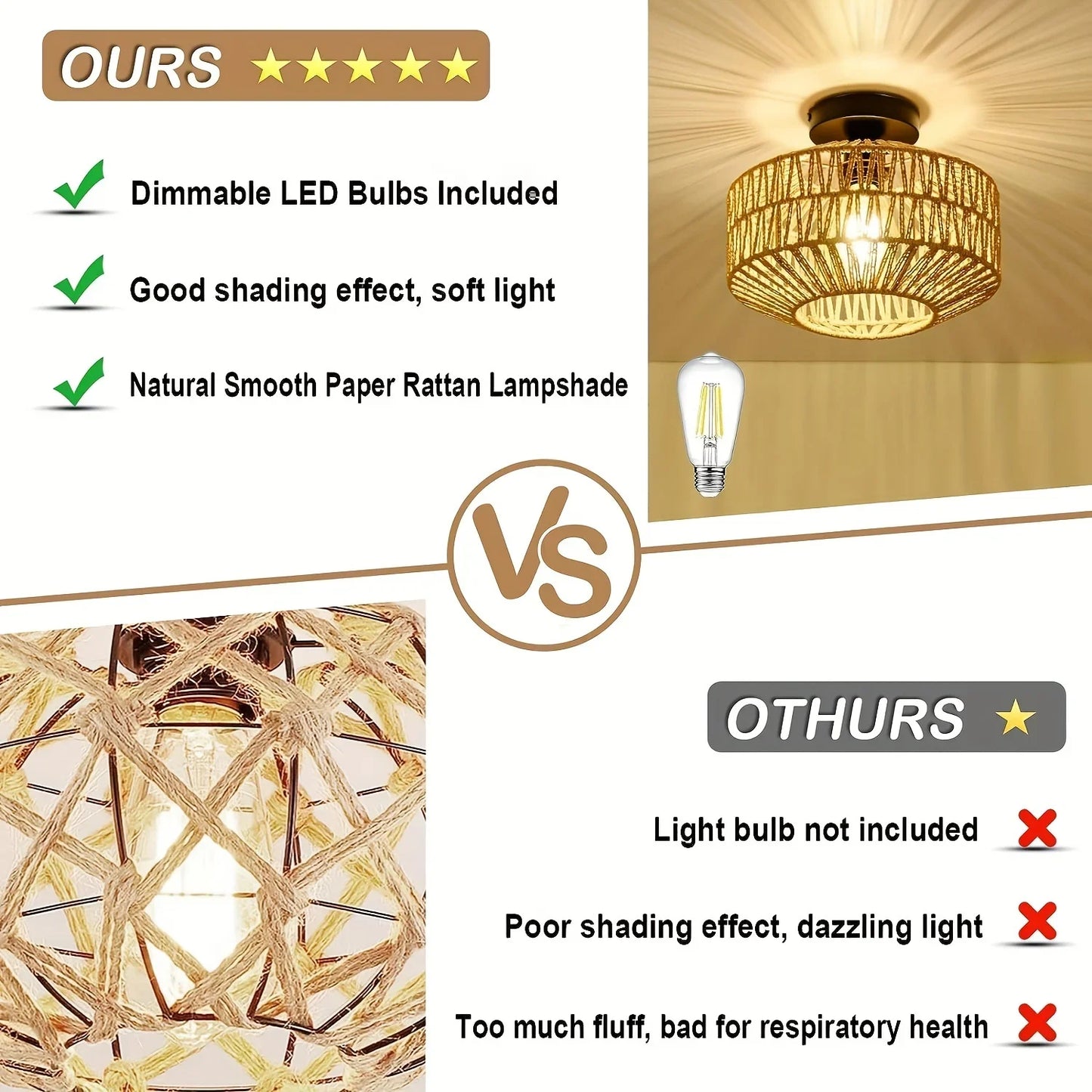 1pc E27 Bohemian Ceiling Light Mini Rattan Chandelier Light Fixture With LED Bulb Hand Woven Ceiling Light Fixture Flush Mount