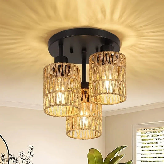 Rattan Ceiling Lamp Pendant 3-Flame Boho Ceiling Lamp with Rattan Shade Vintage Bamboo Rustic Hanging Lamp Living Room