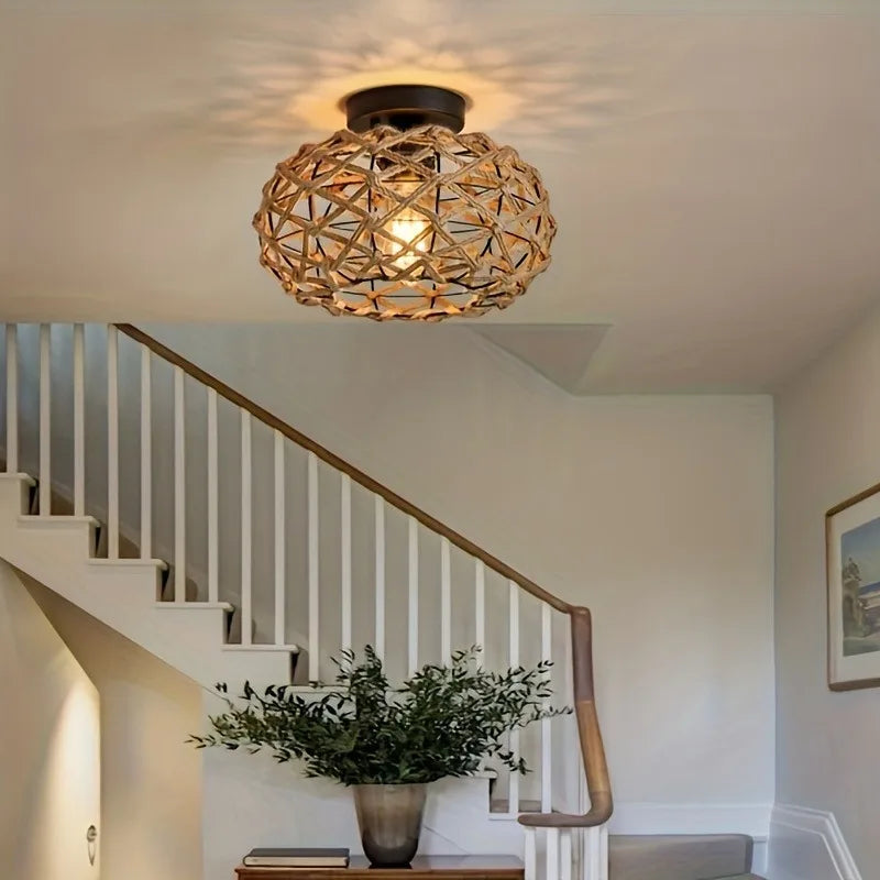 Coastal Boho Ceiling Light - Unique Semi Flush Mount with Handwoven Hemp Rope Cage Rattan Wicker Retro Rustic Design