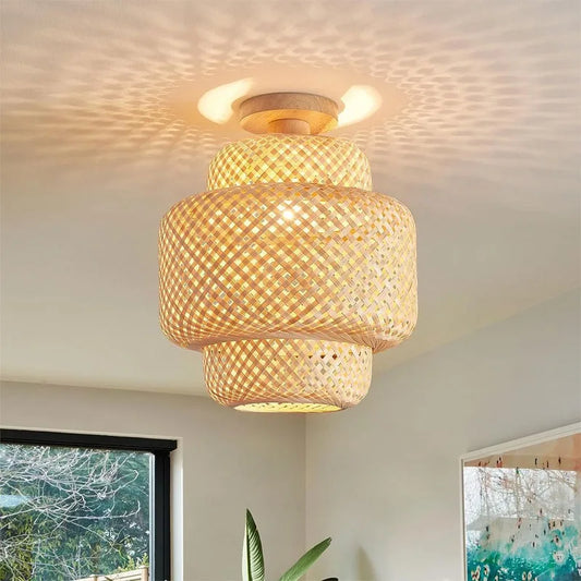 Bamboo Woven Lampshade Natural Pure Handmade Irregular Shaped Lampshade Pendant Lamp with Holes Bamboo Lantern