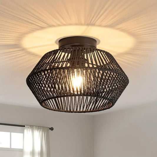 Boho Flush Mount Ceiling Ligh Hand-Worked Rattan Light Fixture Wicker Light Fixtures Ceiling Hanging For Bedroom Hallway Nursery