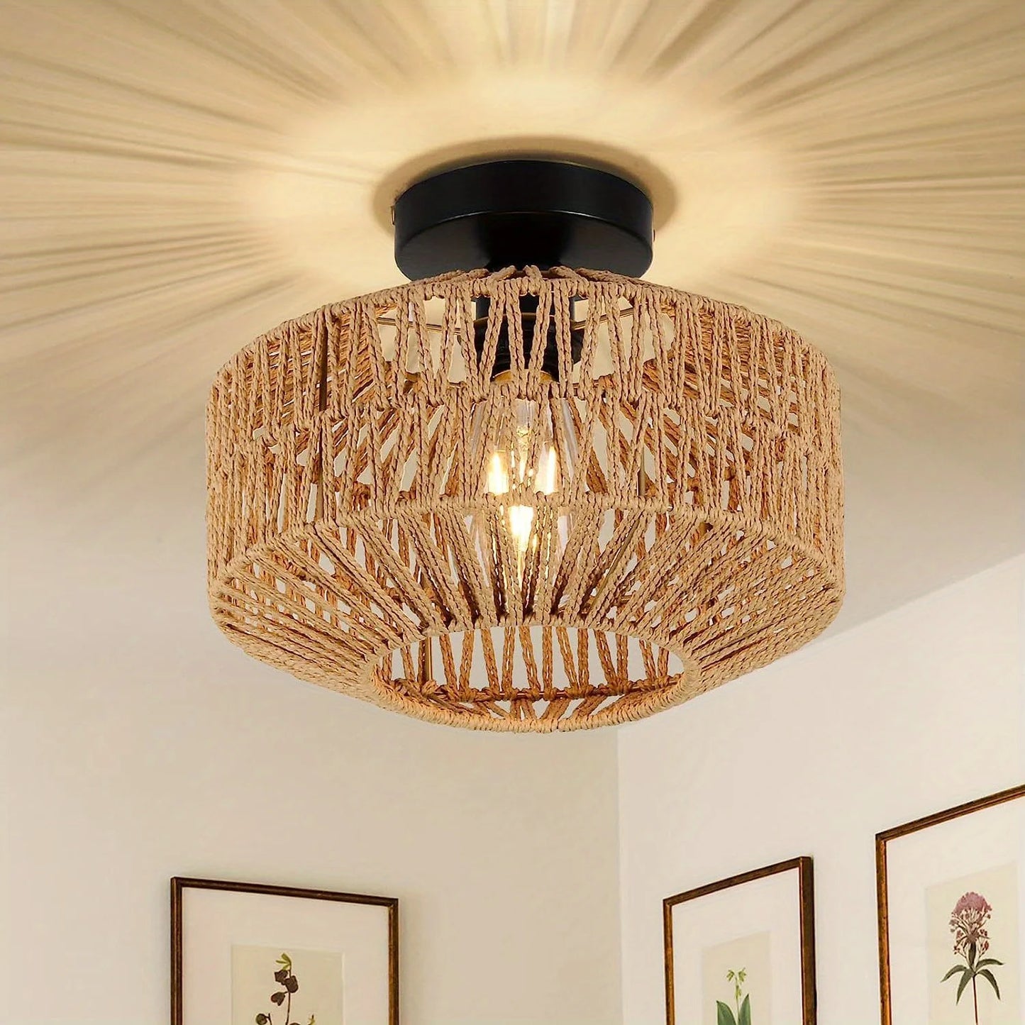 1pc E27 Bohemian Ceiling Light Mini Rattan Chandelier Light Fixture With LED Bulb Hand Woven Ceiling Light Fixture Flush Mount