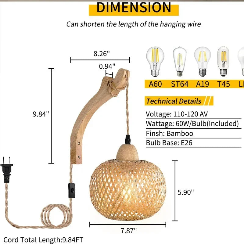 Led Rattan Wall Lamp Bedroom Living Room Woven Light Bedside Lamps E27 Retro Hemp Rope Lights Interior Decoration Fixtures