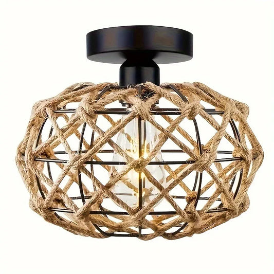 Bohemian Woven Rattan Pendant Light - Semi-Flush Mount E26/E27 Base Bulb Not Included - Perfect for Farmhouse Decor