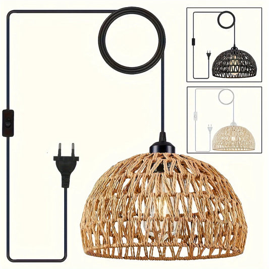 1pc E27 Base Plug-in Chandelier Rattan Pendant Light Pendant Light With Plug Cord Braided Bohemian Ceiling Light Fixture