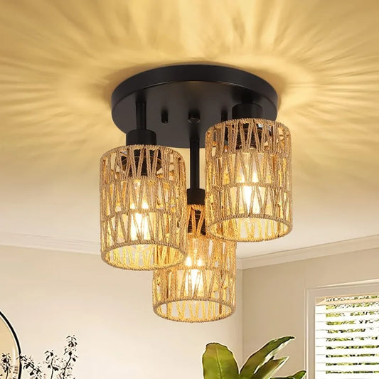 Ceiling Lamp Pendant - 3-Flame Bohemian Lighting Fixture with Natural Bamboo Shade Vintage Hanging Lamp for Living Room Bedroom