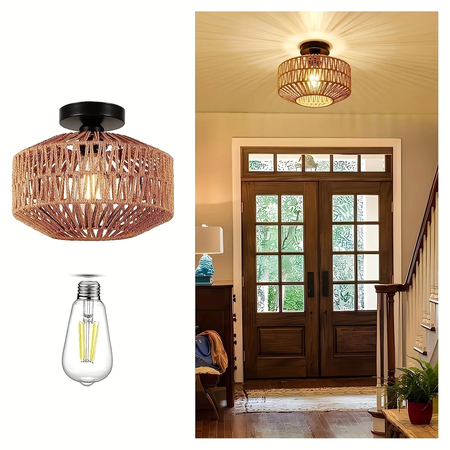 1pc E27 Bohemian Ceiling Light Mini Rattan Chandelier Light Fixture With LED Bulb Hand Woven Ceiling Light Fixture Flush Mount