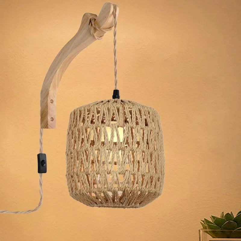 Wall Lamp Handwoven Lampshade Wall Mounted Light with Wood Bracket Boho Wall Sconce Wall Light Fixtures for Home Bedroom Porch